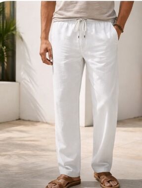 BAIRD McNUTT Men's Murano Slim Fit Linen Cotton Jogging Pants In White | 36